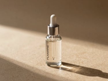 Minimalist product shot of a clear glass Plamine bottle with a silver dropper, reflecting soft morning light on a warm washi paper surface