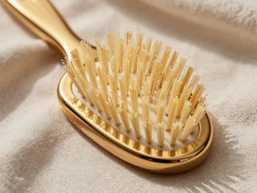 Close-up of elegant gold-plated S Heart S scalp brush bristles resting on a textured linen cloth, soft shadows, warm editorial feel