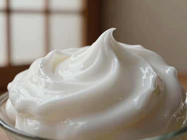 Macro close-up of luxurious, silky white cream texture with soft reflections on a warm neutral background, diffused natural light mimicking shoji screens