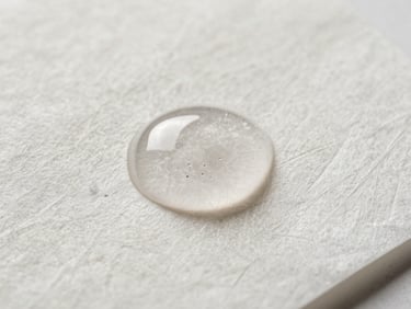 Macro close-up of a luxurious, clear viscous serum drop on a clean, light-textured washi paper background, soft shadow.