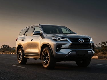 Low-angle heroic shot of a gleaming silver Toyota Fortuner 4x4 Auto on a wide Gurugram road at golden hour, dramatic high-contrast studio lighting, deep black and metallic gold tones, sharp details, 85mm lens