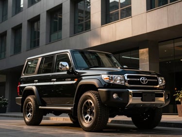 Low-angle heroic shot of a gleaming black Toyota Legender 4x4 Auto parked against a modern Gurugram office building, dramatic high-contrast studio lighting, deep black and metallic gold tones, sharp details, 85mm lens