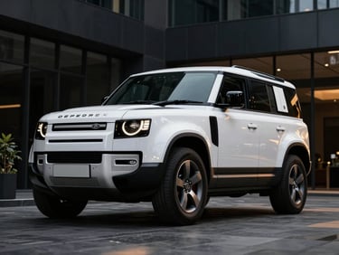 Low-angle heroic shot of a gleaming white Land Rover Defender 110 parked in a modern Gurugram corporate plaza, dramatic high-contrast studio lighting, deep black and metallic gold tones, sharp details, 85mm lens