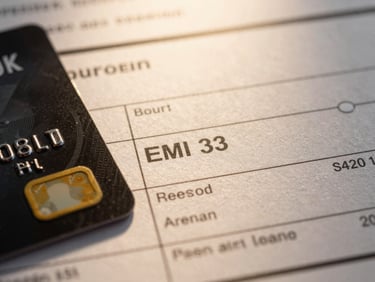 Close-up of a financial statement or bank passbook with 'EMI' highlighted, a credit card visible, reflecting golden hour light, sharp details