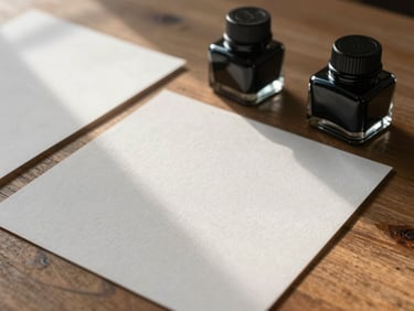 Tactile paper samples and vintage ink wells arranged on a wooden table, diffused morning light.