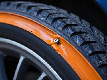 Extreme close-up cross-section of a tire wall showing a bright orange self-sealing nano-polymer layer instantly sealing around a metal bolt under dramatic studio lighting