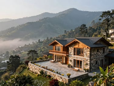 A luxury stone and timber villa with wide terraces overlooking a misty Dehradun valley, crisp morning light, premium architectural photography.