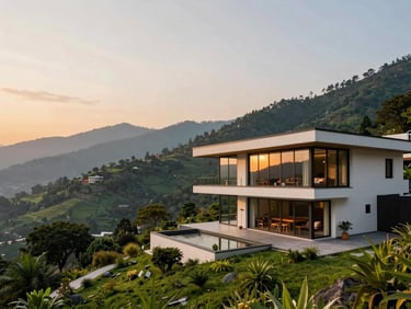 A stunning mountain-modern luxury villa in Dehradun with expansive glass windows, overlooking the lush green valley at sunset.