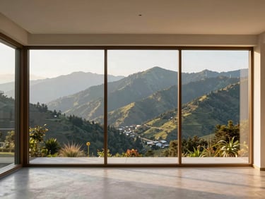 A modern apartment interior with floor-to-ceiling windows showing a panoramic view of the Himalayan foothills, warm natural daylight, clean minimalist design.