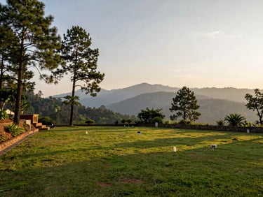 A wide-angle landscape shot of a premium cleared plot of land in Dehradun, bordered by lush pine trees, soft evening light, mountain range in the distance.