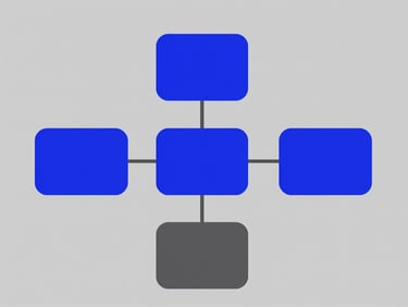 Minimalist technical schematic of a risk classification matrix, crisp geometric shapes in cobalt blue and slate gray, clean vector illustration