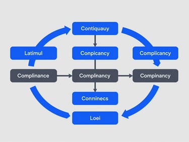 Clean vector diagram of a continuous compliance loop, structured flowcharts, modern tech aesthetic, cobalt blue and slate gray