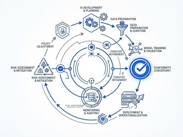 Minimalist vector technical schematic of an AI governance lifecycle, showing feedback loops, risk assessment nodes, and conformity checkpoints in cobalt blue and slate gray on a crisp white background.