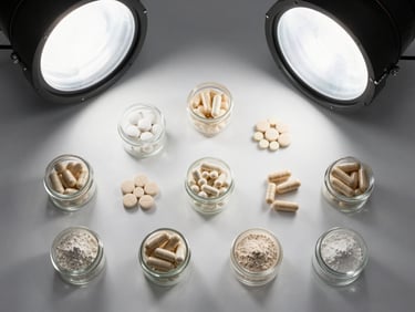 Flat-lay overhead of capsules, tablets, and powder in small glass containers on a white lab bench, bright overhead studio lighting, precise arrangement