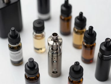 Close-up overhead of vape device components and liquid vials arranged on a clean white surface under controlled studio lighting, no people
