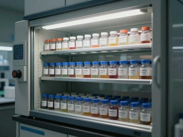 Stability test chamber interior with rows of labelled product vials on metal shelves, cool fluorescent lighting, clean and ordered laboratory environment