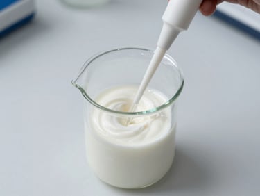 Overhead close-up on a laboratory bench: a glass beaker of white cream emulsion beside a small pipette, controlled studio lighting, clean white surface, no people