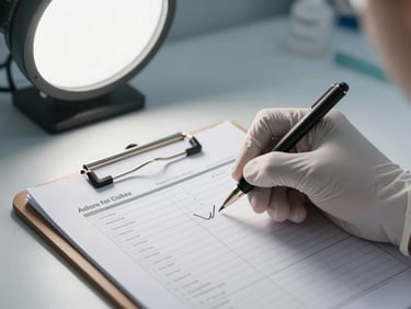 Close-up of a gloved hand marking a printed regulatory checklist on a clipboard under bright studio overhead light, precise handwriting visible, white laboratory background, no clutter
