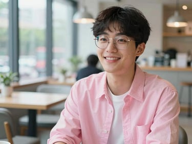 Portrait of a stylish young Korean-Brazilian man with glasses, smiling, modern cafe background, soft natural window light