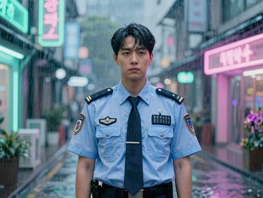 Dramatic cinematic wide shot of a futuristic Seoul detective standing under neon rain, orchid and mint color accents, 35mm