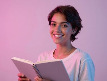 Professional portrait of a young Brazilian woman with short hair, smiling warmly, holding a notebook, soft studio lighting with a subtle pink neon glow