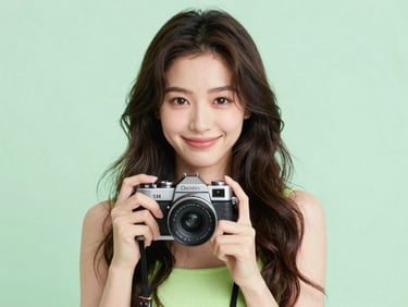Portrait of a cheerful young woman with long wavy hair, holding a camera, pastel green background, bright editorial photography