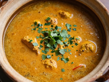 Overhead shot of bubbling orange-yellow gulai tunjang in a clay pot, rich coconut milk broth, fresh herbs.