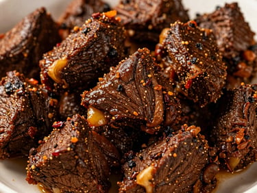 Macro shot of slow-cooked dark rendang beef texture, rich spices coating the meat, warm side-light.