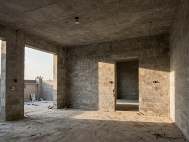 Wide shot of an unfinished concrete villa interior in Riyadh, dusty grey brick walls, exposed wires, harsh construction site lighting, raw structure