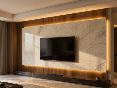 Modern TV wall design in Riyadh villa, featuring integrated warm LED backlighting behind sleek gypsum board and vertical wooden louvers, luxury interior