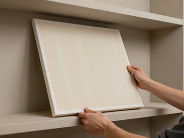 Close-framed studio shot of artist hands carefully lifting a finished canvas from a neutral ochre-grey studio shelf, consistent tungsten studio light, brushwork surface clearly visible, no face, no staging