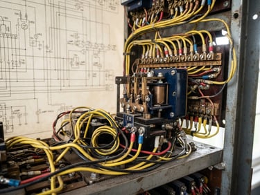 Macro shot of physical railway signaling relays and copper wiring terminals, technical blueprint schematic in background, sharp focus, industrial lighting