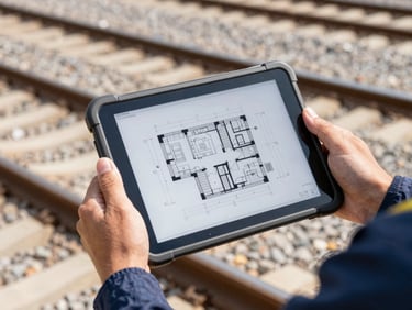 Hands of an engineer holding a rugged tablet displaying a technical blueprint on-site, trackside background