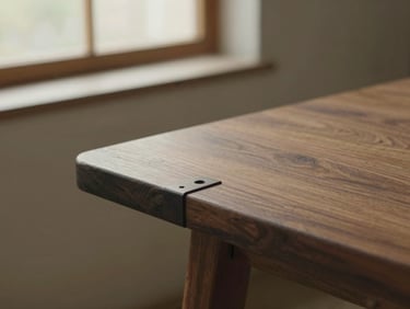 Detail of traditional mortise and tenon wood joinery on a dark walnut bench, warm editorial photography, natural afternoon window light, muted earthy tones, medium format film, soft shadows