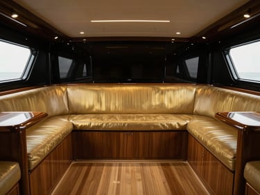 Wide shot of a bespoke custom-built luxury yacht interior, polished wood, brushed gold details, soft diffused light, sense of understated opulence.