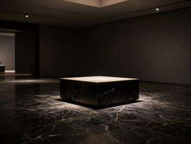 Wide panoramic 21:9 frame, sweeping architectural angle of an empty gallery space, dark marble floors, soft light illuminating a single pedestal, dramatic chiaroscuro, luxury editorial photography