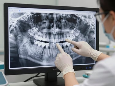Dental intraoral 3D scan displayed on a large clinical monitor, detailed tooth arch mapping visible on screen, bright even clinical lighting, orthodontist's gloved hand pointing to a specific region on the scan