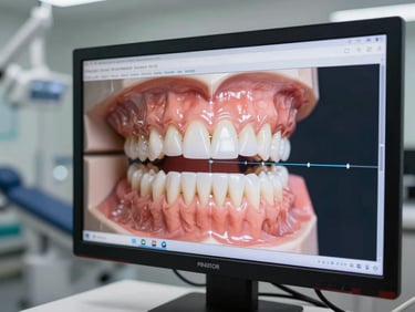 Close-up of a digital dental model displayed on a monitor screen showing orthodontic alignment planning software, treatment room in background, bright clinical lighting, no patient