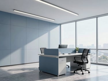 Modern corporate office environment with clean architectural lines, soft natural window light, bright professional photography.