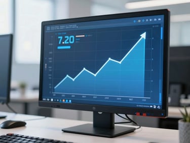 Close-up of a digital dashboard showing positive upward trends, clean desk setup, bright professional photography, cool blue tones.