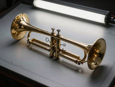 Single brass instrument resting on a ruled drafting table, controlled studio strobe from above, deep shadow filling the lower half, spare and architectural