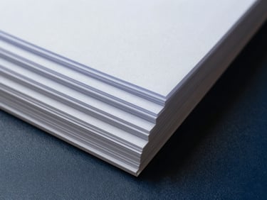 Close-up of precision-cut document edges fanned on a dark navy surface, north-facing daylight, symmetrical, no people