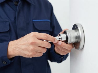 Close-up of a professional technician in a clean navy uniform adjusting a high-security lock cylinder, bright daylight, 35mm lens