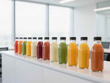 Modern, sleek office breakroom with minimalist glass juice bottles on a polished counter, bright high-key daylight, crisp commercial photography