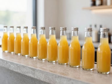 Minimalist glass juice bottles arranged on a polished concrete bar in a high-end hotel lobby, bright high-key daylight, sharp focus, vibrant natural colors