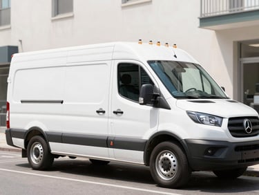 Sleek branded delivery vehicle parked on a clean Manhattan street, bottles being carefully unloaded, bright high-key daylight, crisp commercial photography