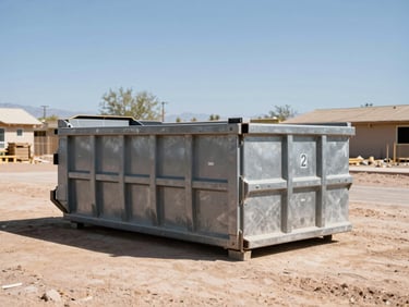 A 20-yard steel dumpster sitting on a residential construction site, clear Arizona sky