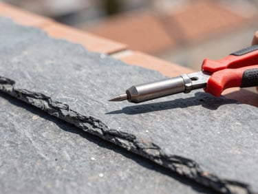 Macro shot of zinc soldering work on a rooftop, metallic textures, professional tools