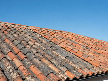 Wide environmental shot of a traditional French villa roof with terracotta tiles under bright blue sky