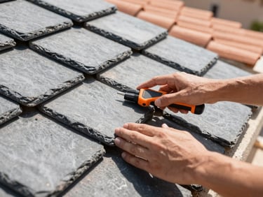Close-up of hands inspecting roof tiles, professional diagnostic tools, natural sunlight